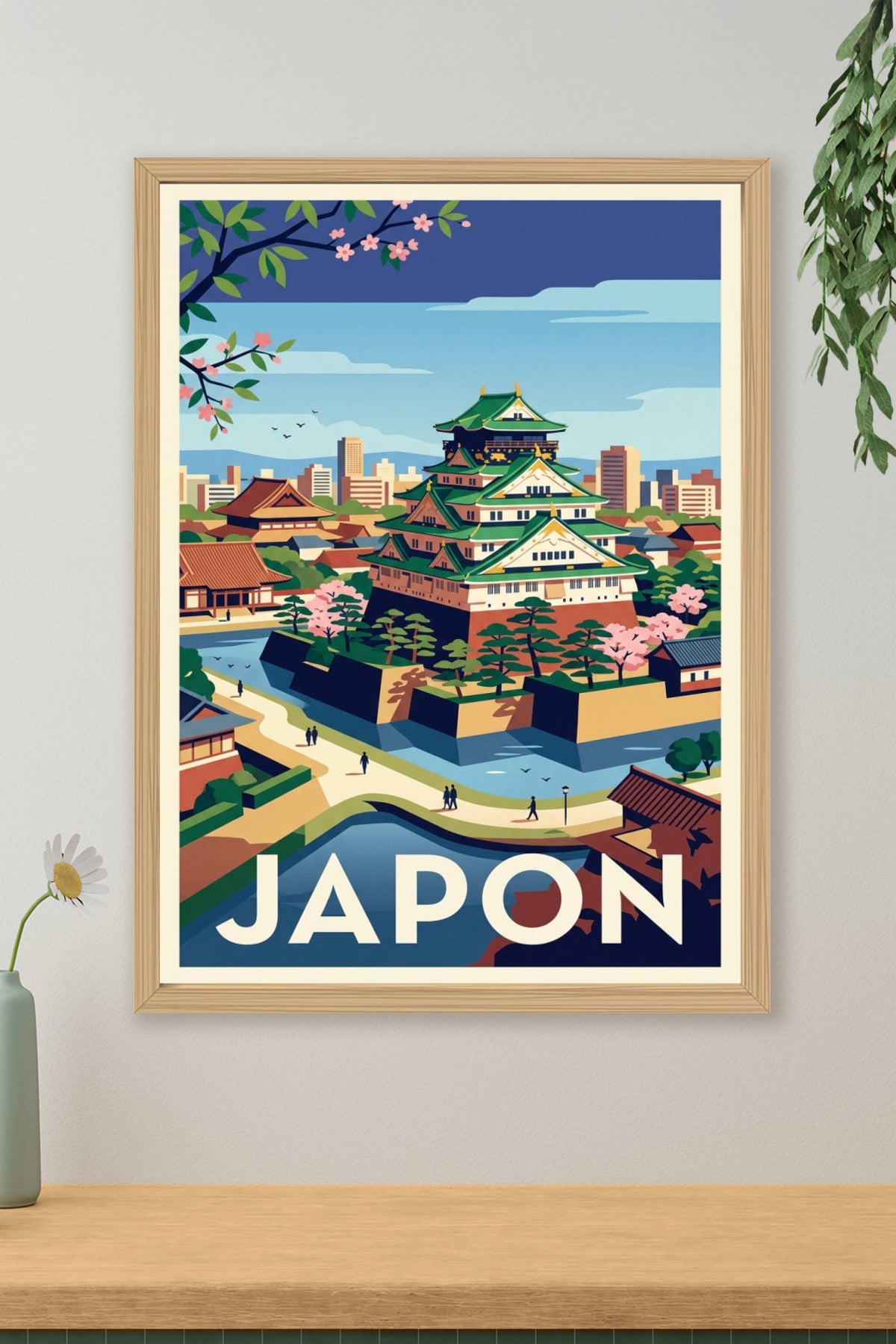 Poster du Japon, château d'Osaka et cerisiers