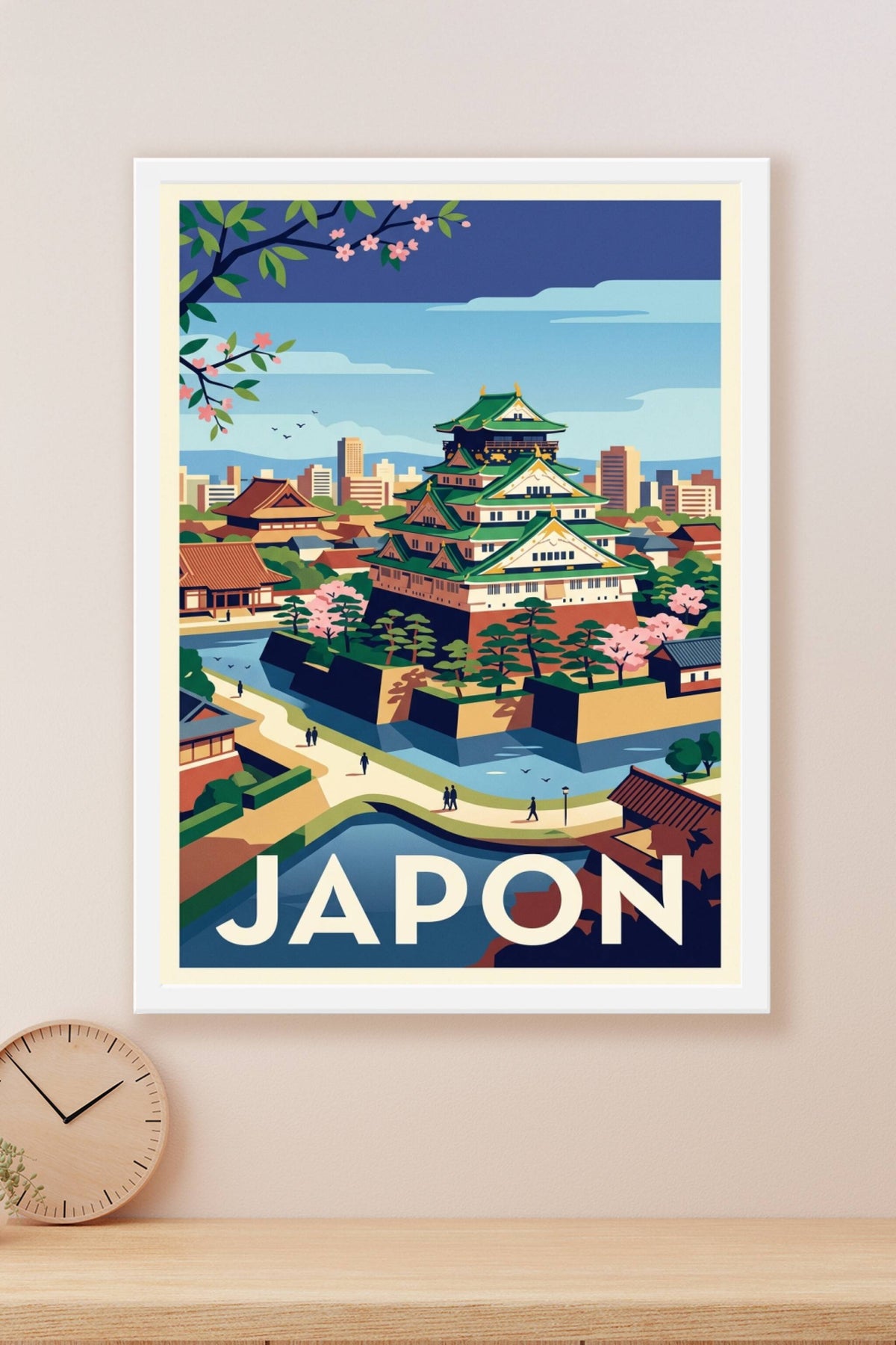 Poster du Japon, château d'Osaka et cerisiers