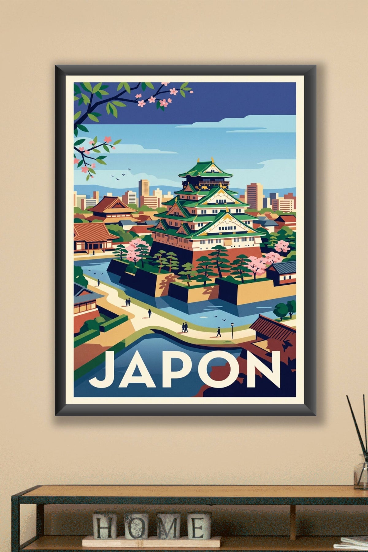Poster du Japon, château d'Osaka et cerisiers