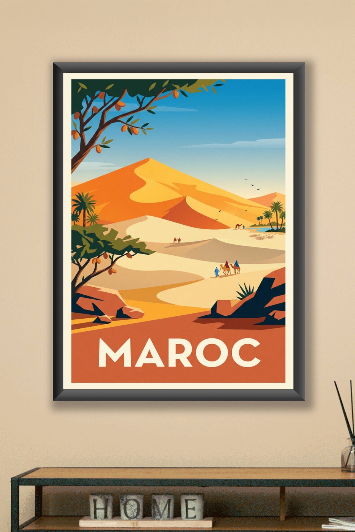 Affiche du Maroc, poster désert et dromadaires