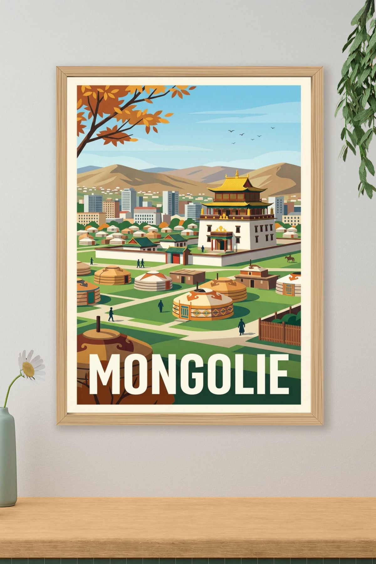 Affiche de la Mongolie, yourtes et temple vintage