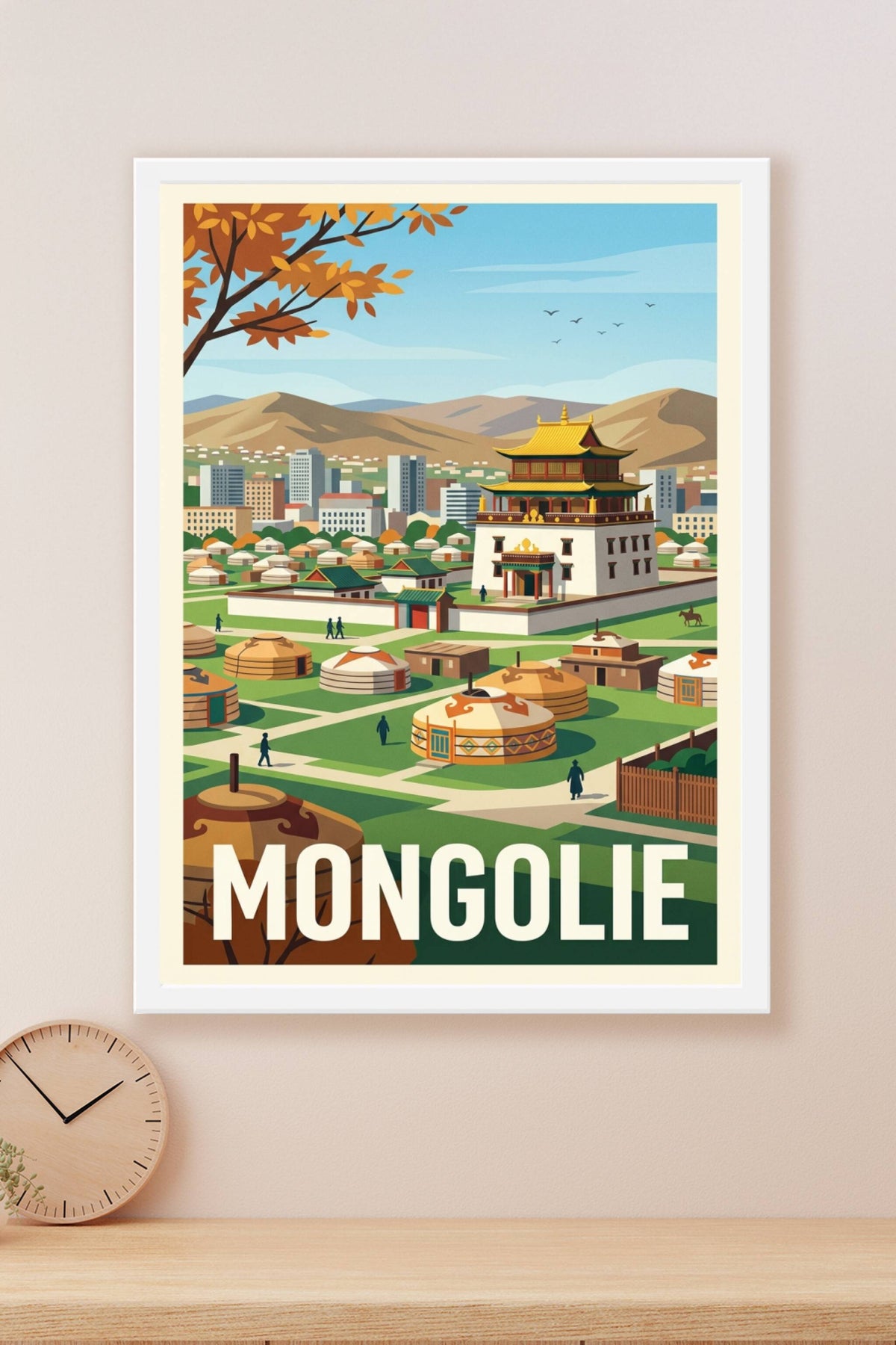 Affiche de la Mongolie, yourtes et temple vintage