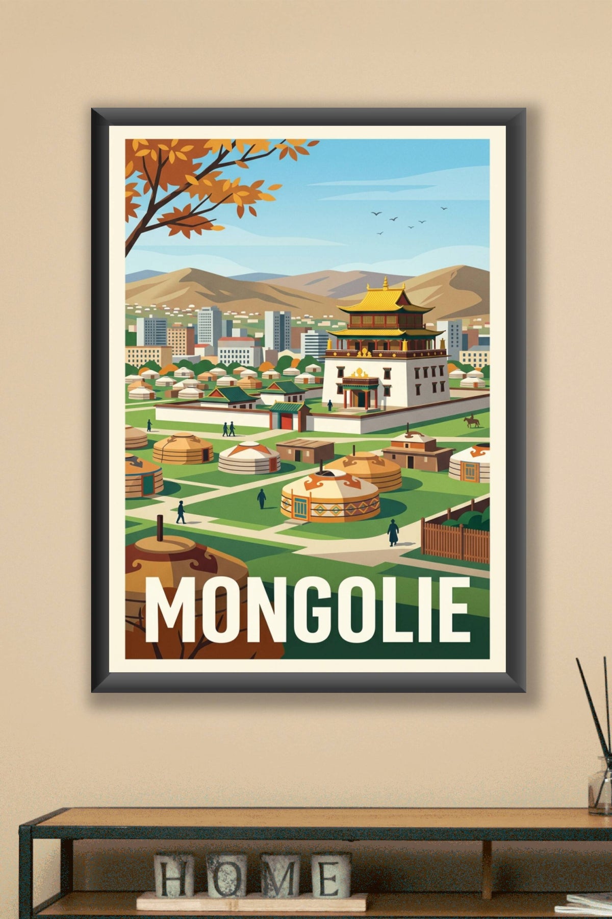 Affiche de la Mongolie, yourtes et temple vintage