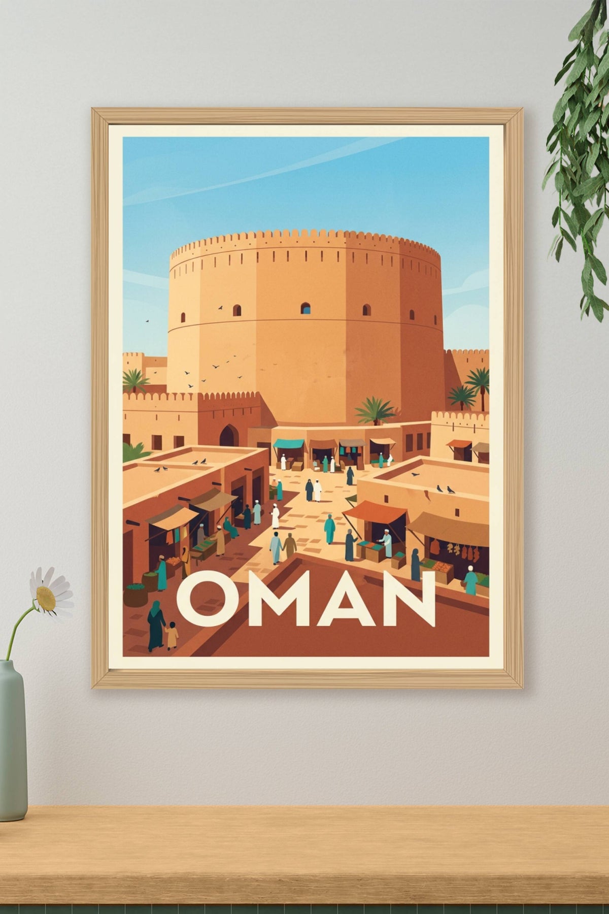 Affiche d'Oman, fort traditionnel et montagnes