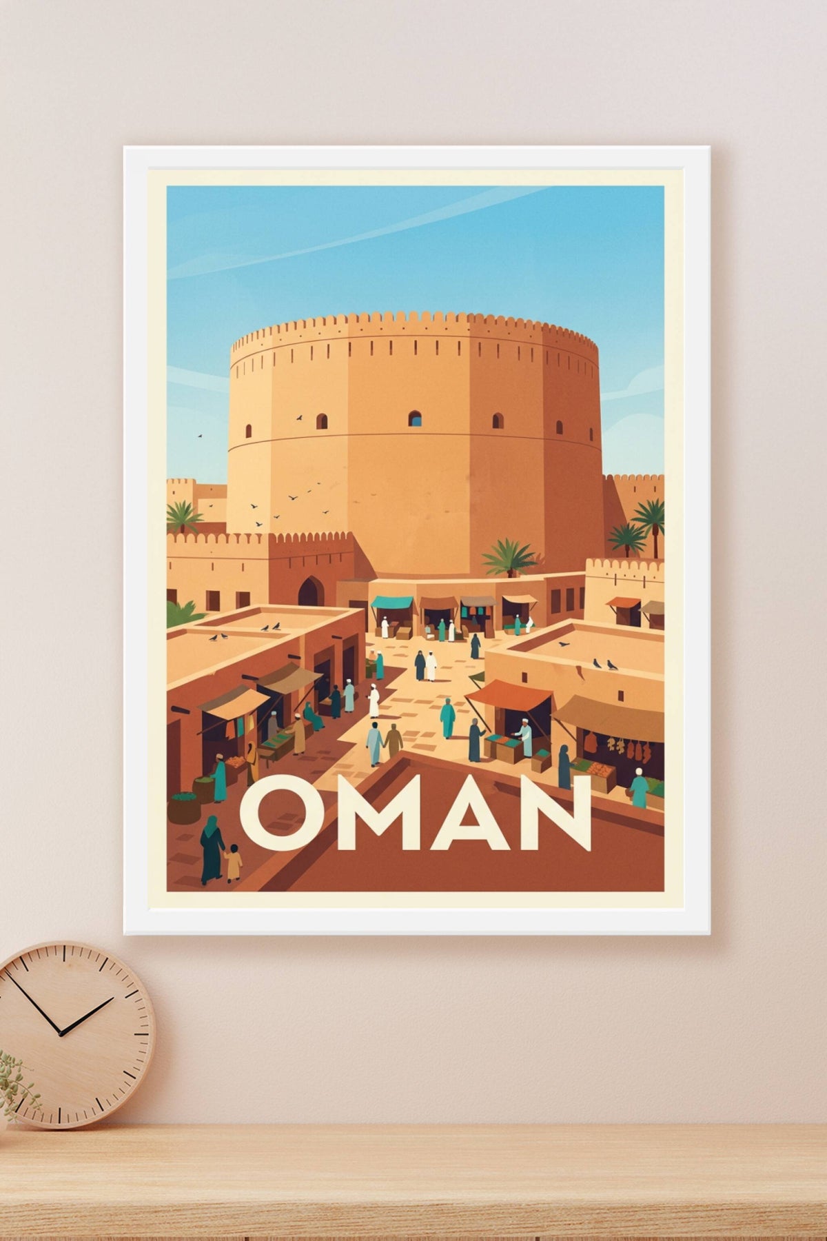 Affiche d'Oman, fort traditionnel et montagnes