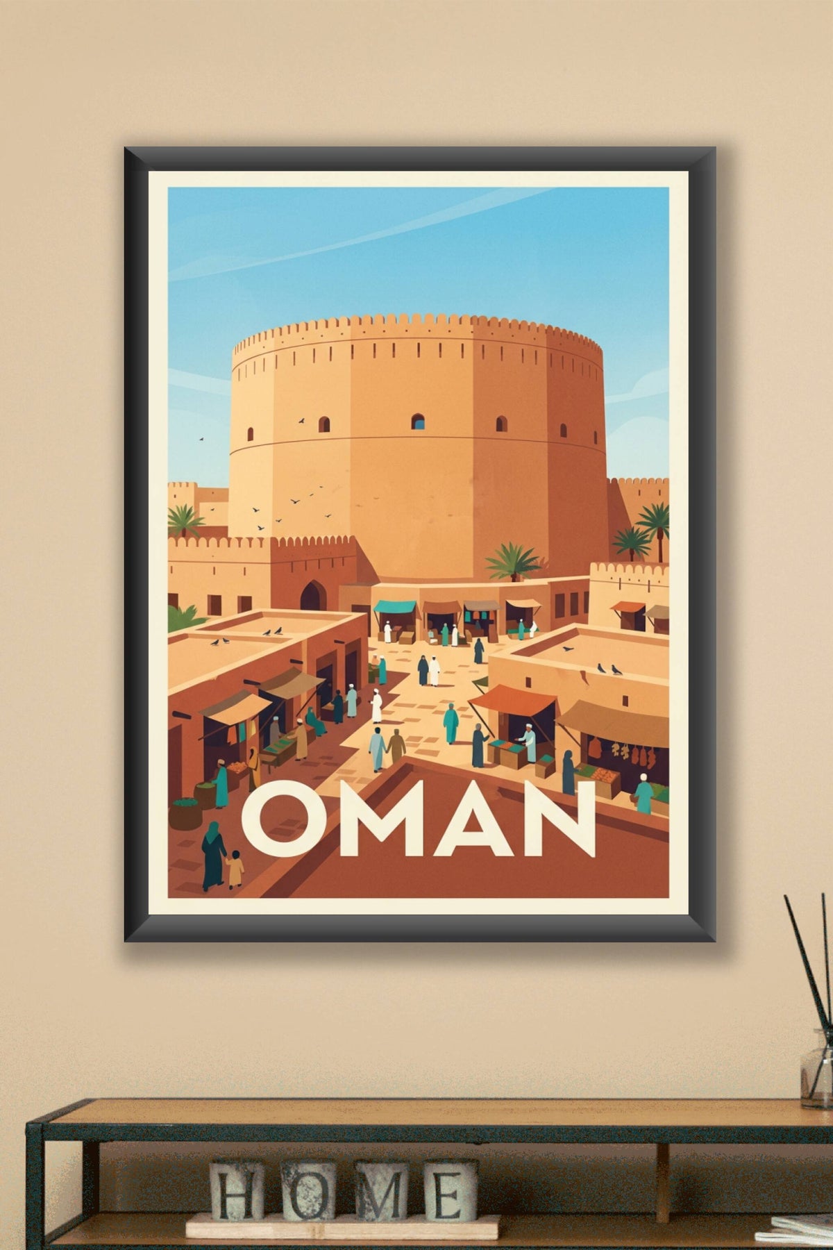 Affiche d'Oman, fort traditionnel et montagnes