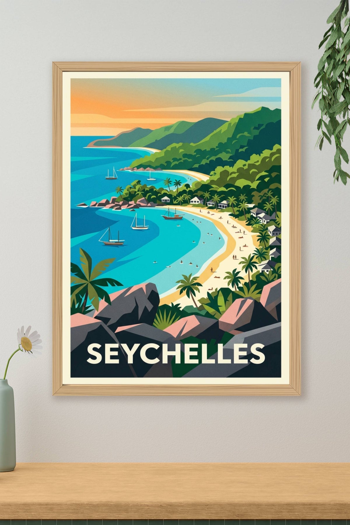 Affiche des Seychelles, poster plage et palmiers