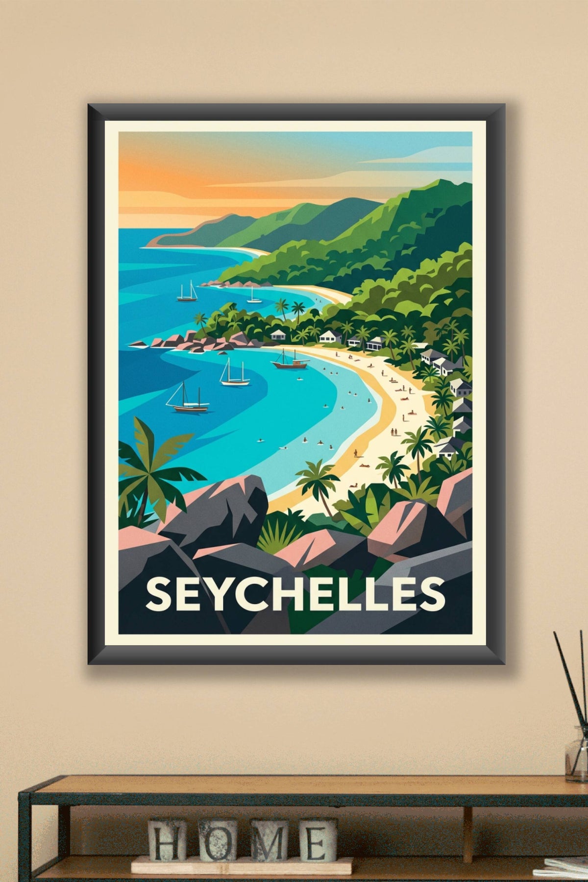 Affiche des Seychelles, poster plage et palmiers