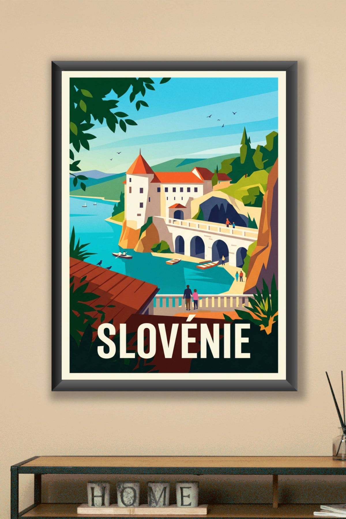 Affiche de Slovénie, château et lac