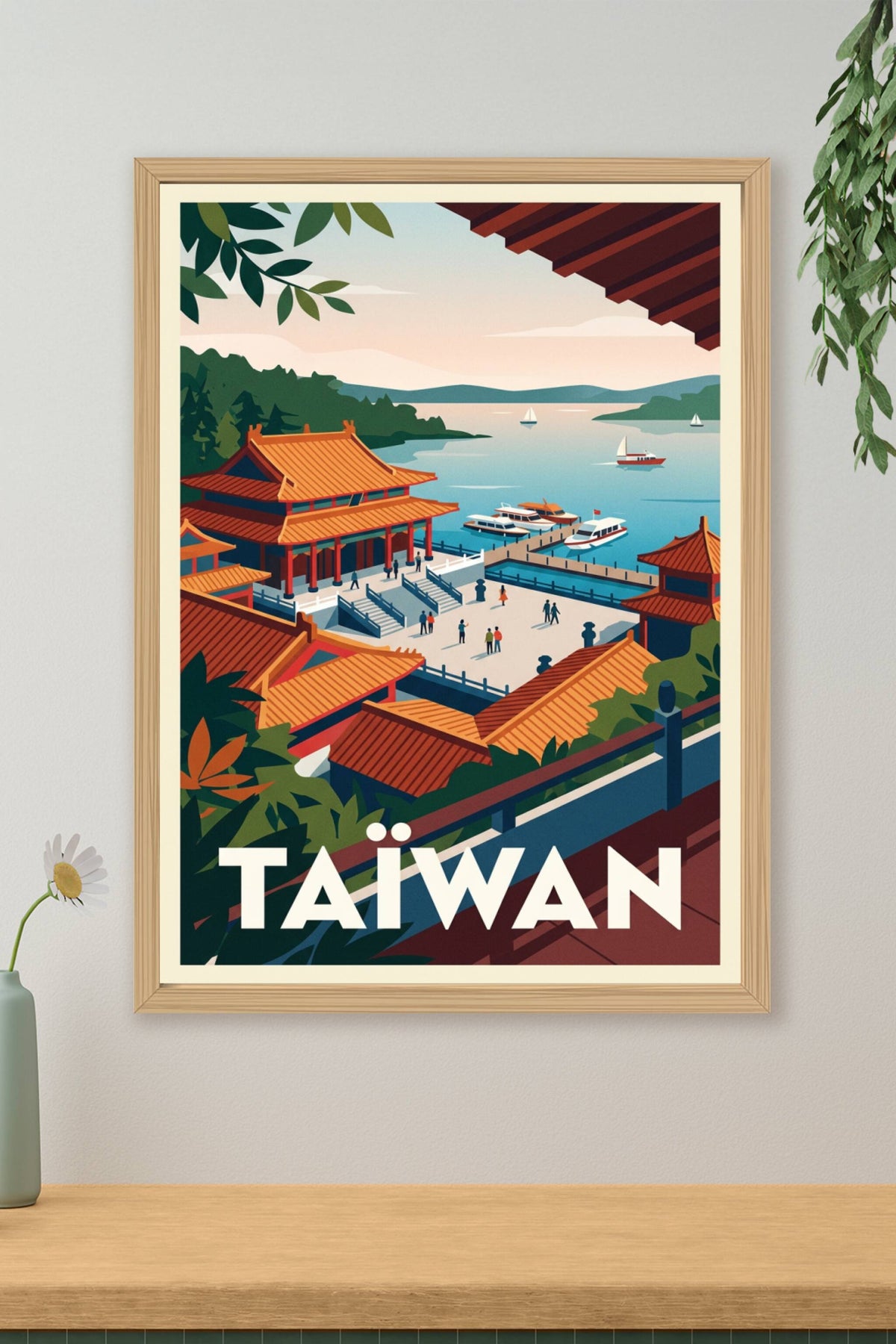 Affiche de Taïwan, temple au bord de l'eau