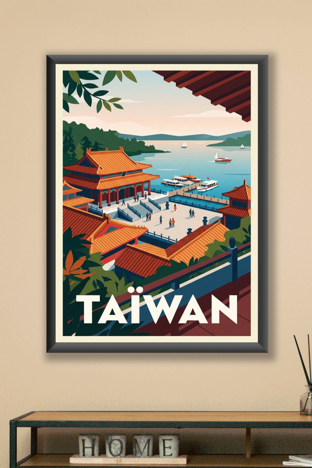 Affiche de Taïwan, temple au bord de l'eau