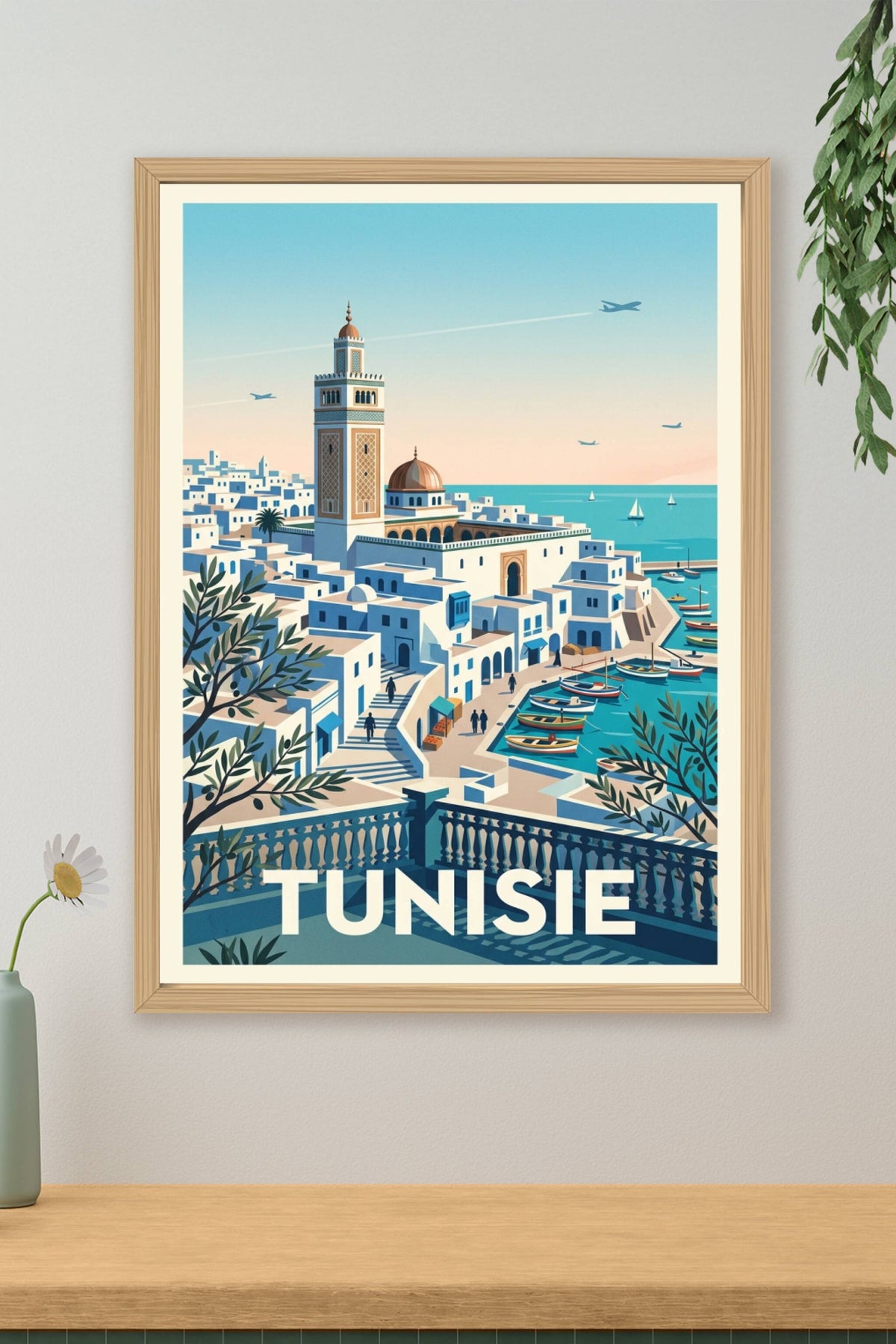 Affiche de Tunisie, poster minaret et port