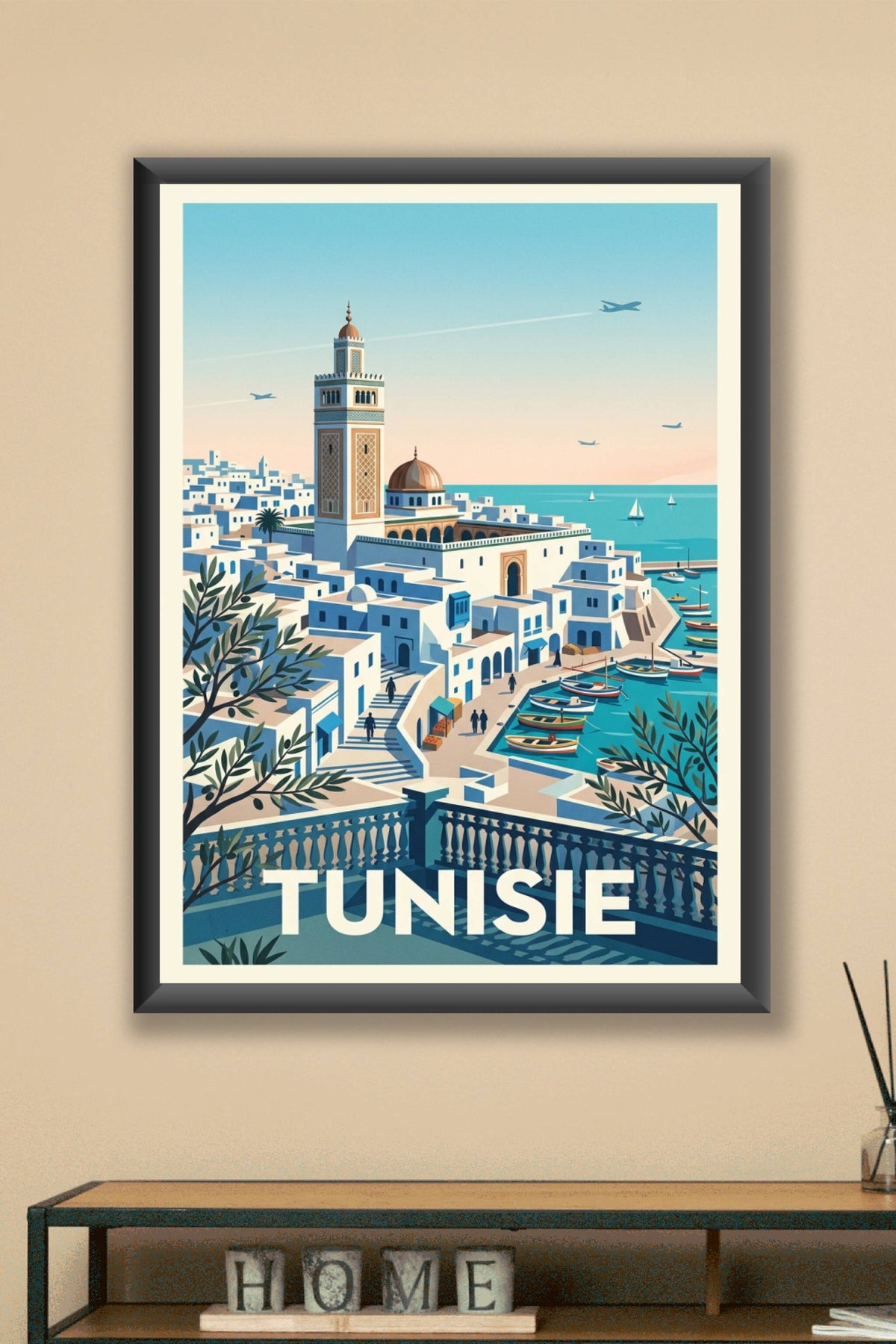 Affiche de Tunisie, poster minaret et port