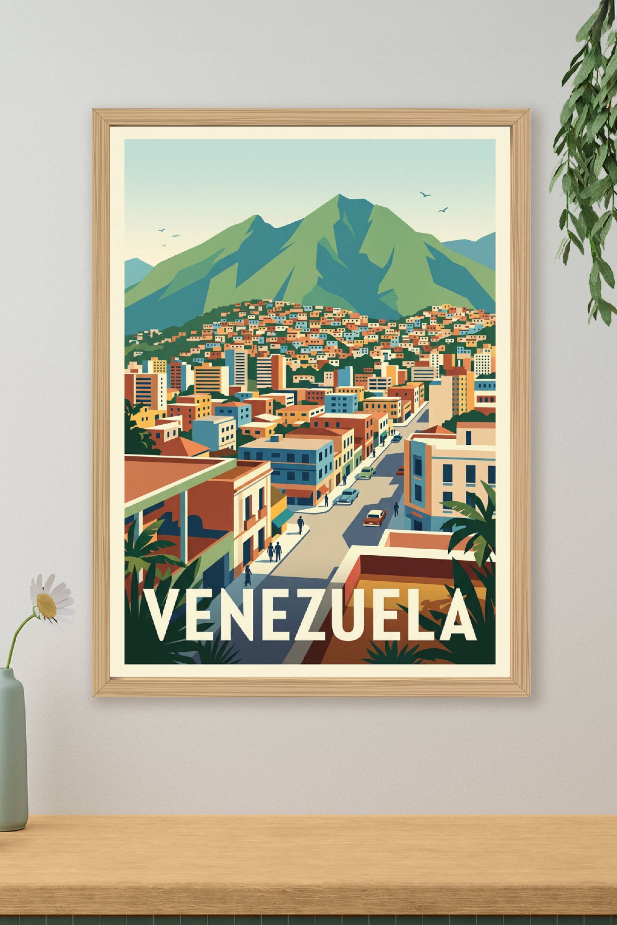 Affiche du Venezuela, ville colorée et montagne | Afich