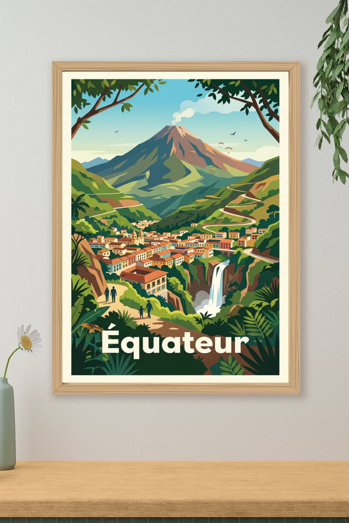 Affiche de l'Équateur, poster volcan et cascade