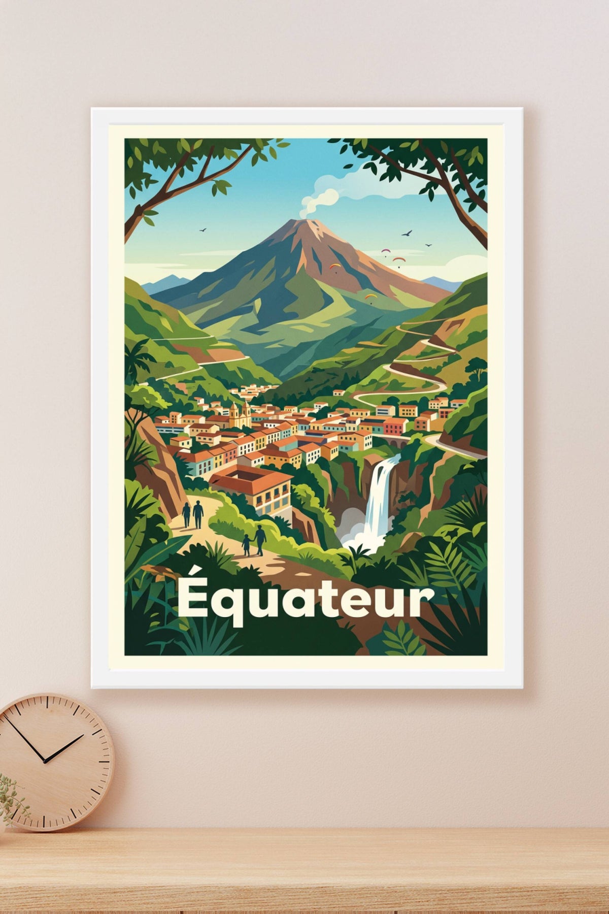 Affiche de l'Équateur, poster volcan et cascade