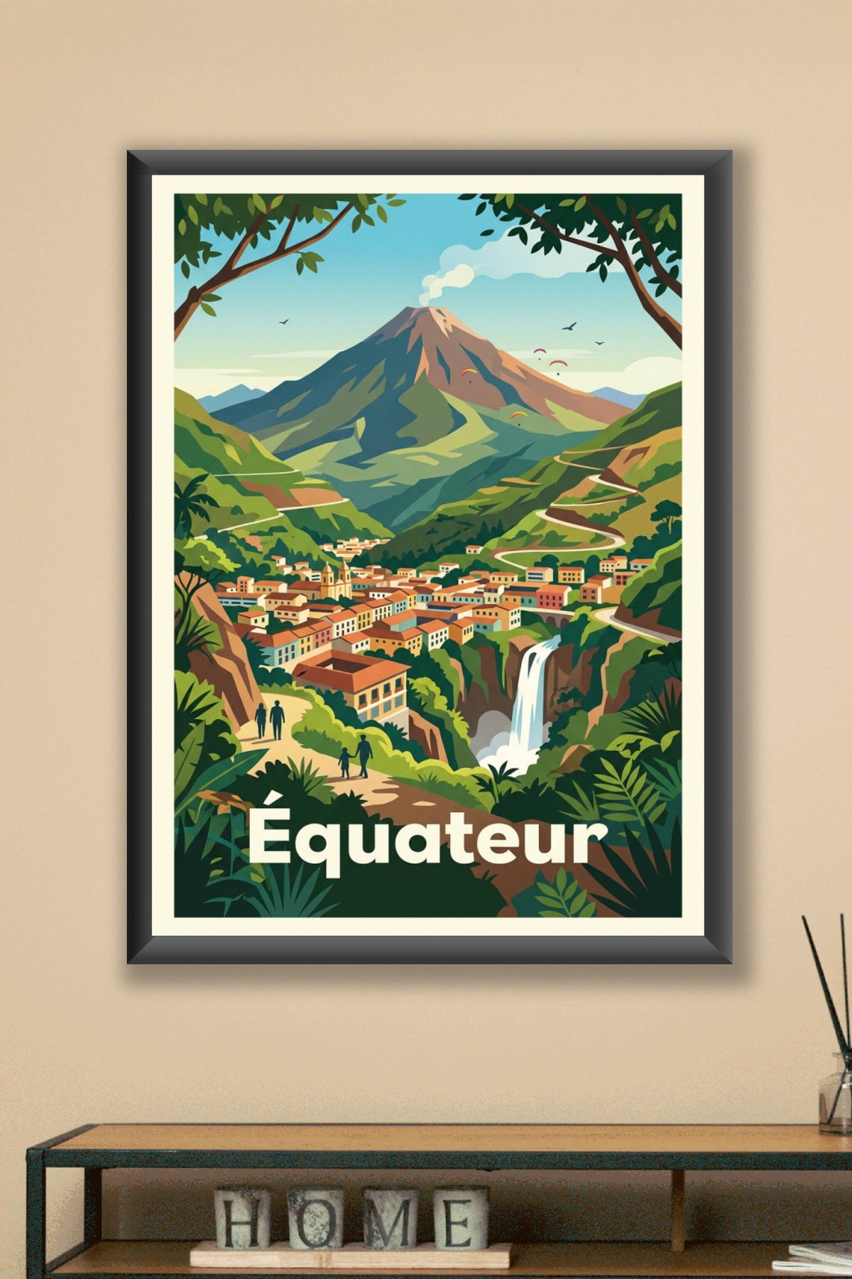 Affiche de l'Équateur, poster volcan et cascade