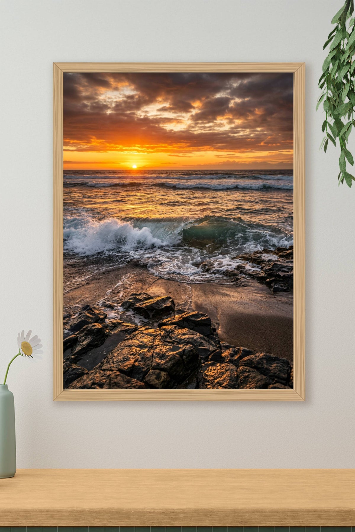 Affiche de coucher de soleil, poster vagues et rochers