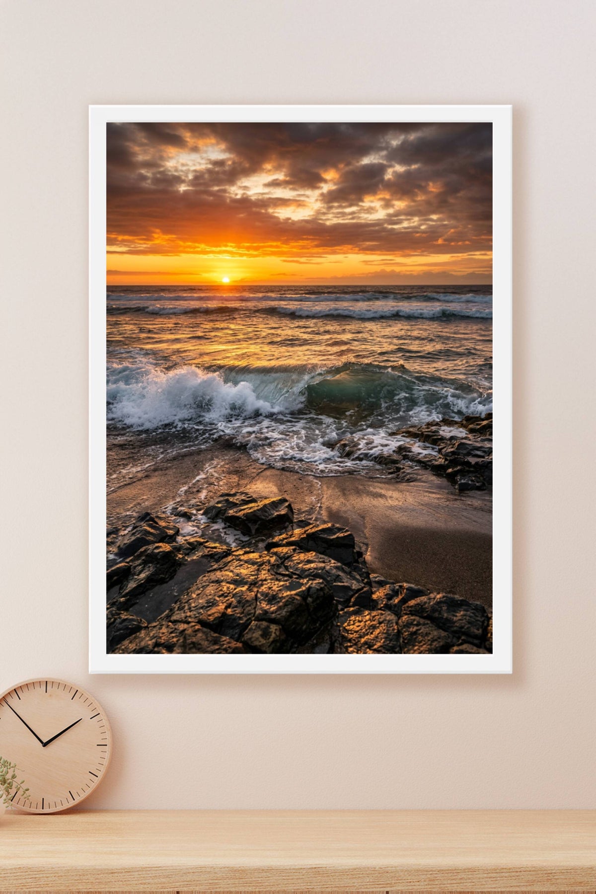 Affiche de coucher de soleil, poster vagues et rochers