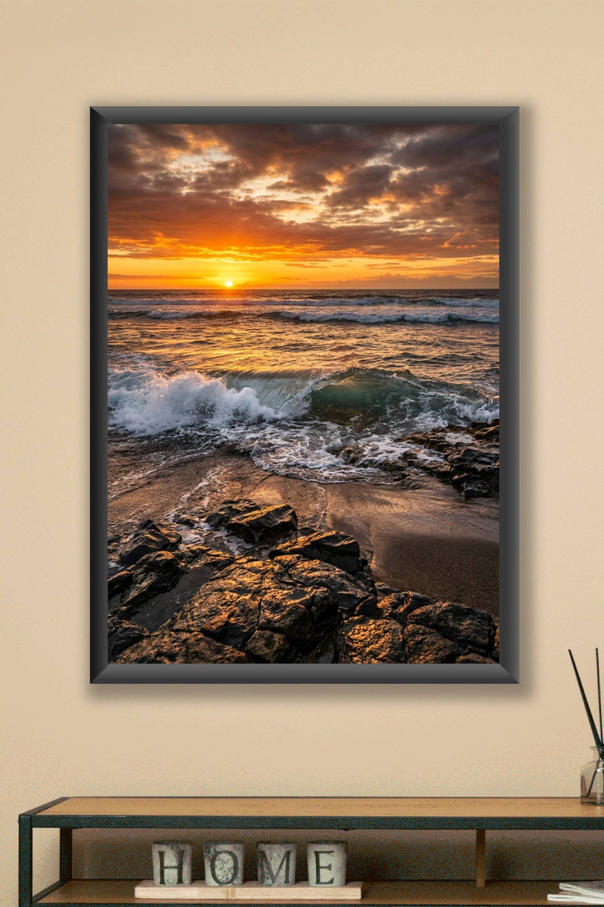 Affiche de coucher de soleil, poster vagues et rochers