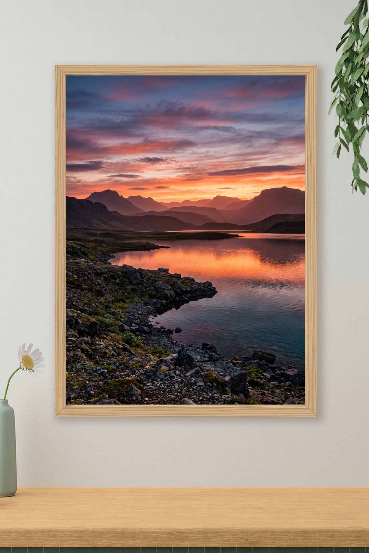 Affiche d'Islande, coucher de soleil montagnes