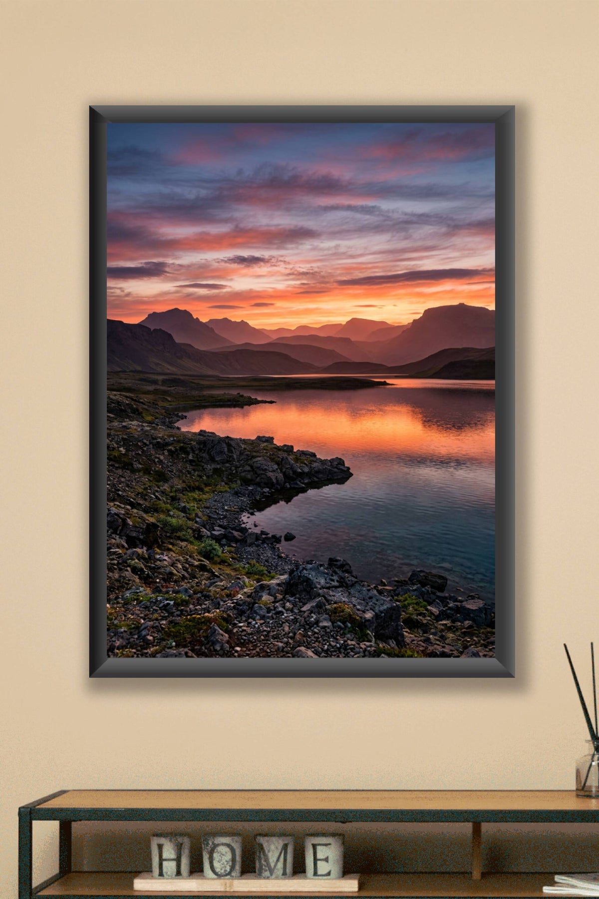 Affiche d'Islande, coucher de soleil montagnes