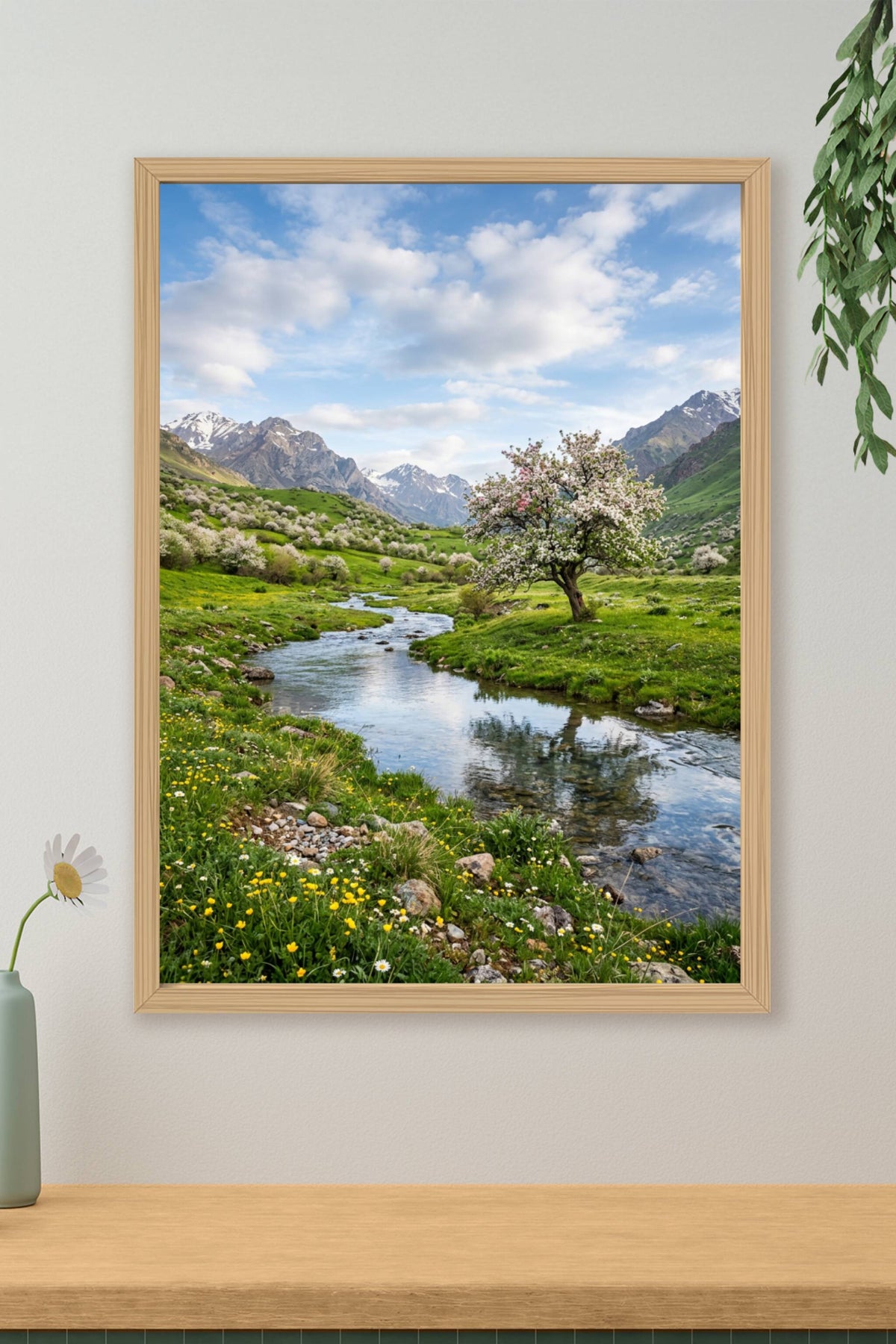 Poster Paysage de montagne, cerisier fleuri