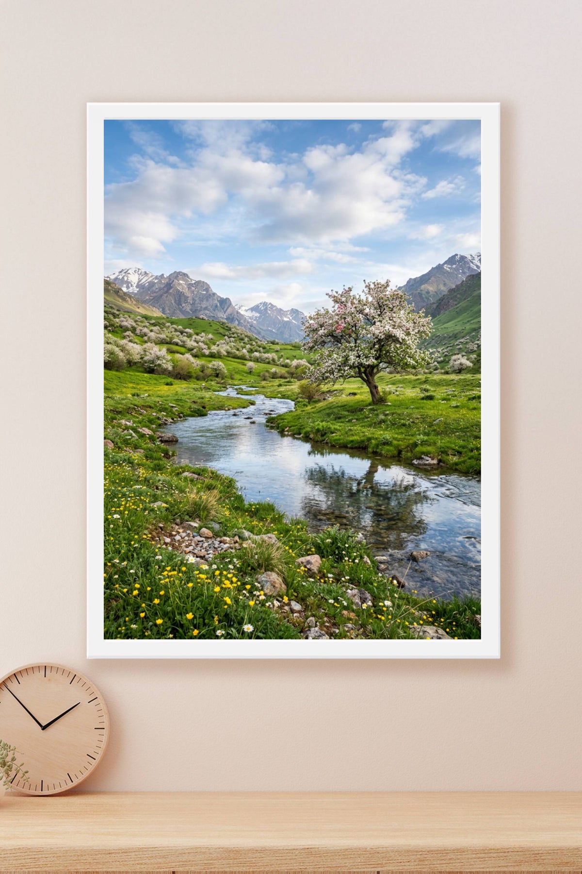 Poster Paysage de montagne, cerisier fleuri