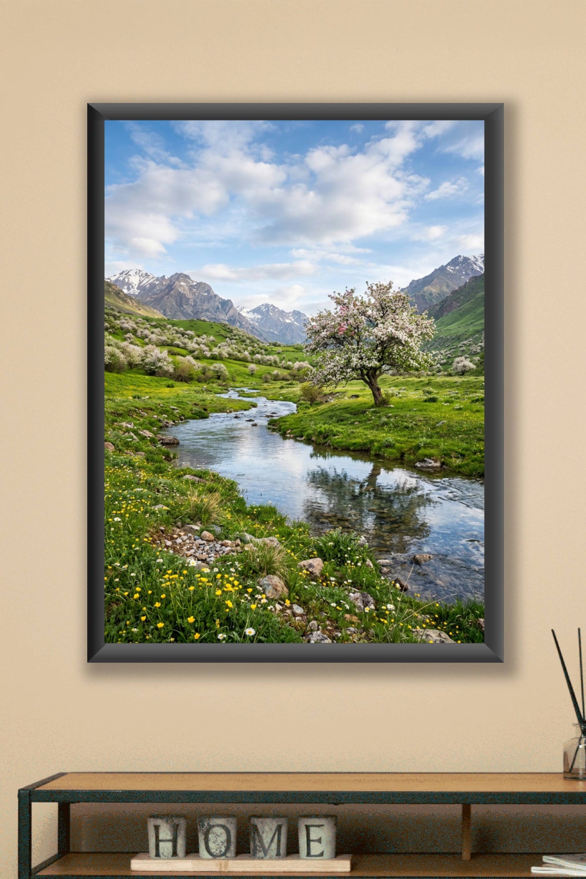 Poster Paysage de montagne, cerisier fleuri