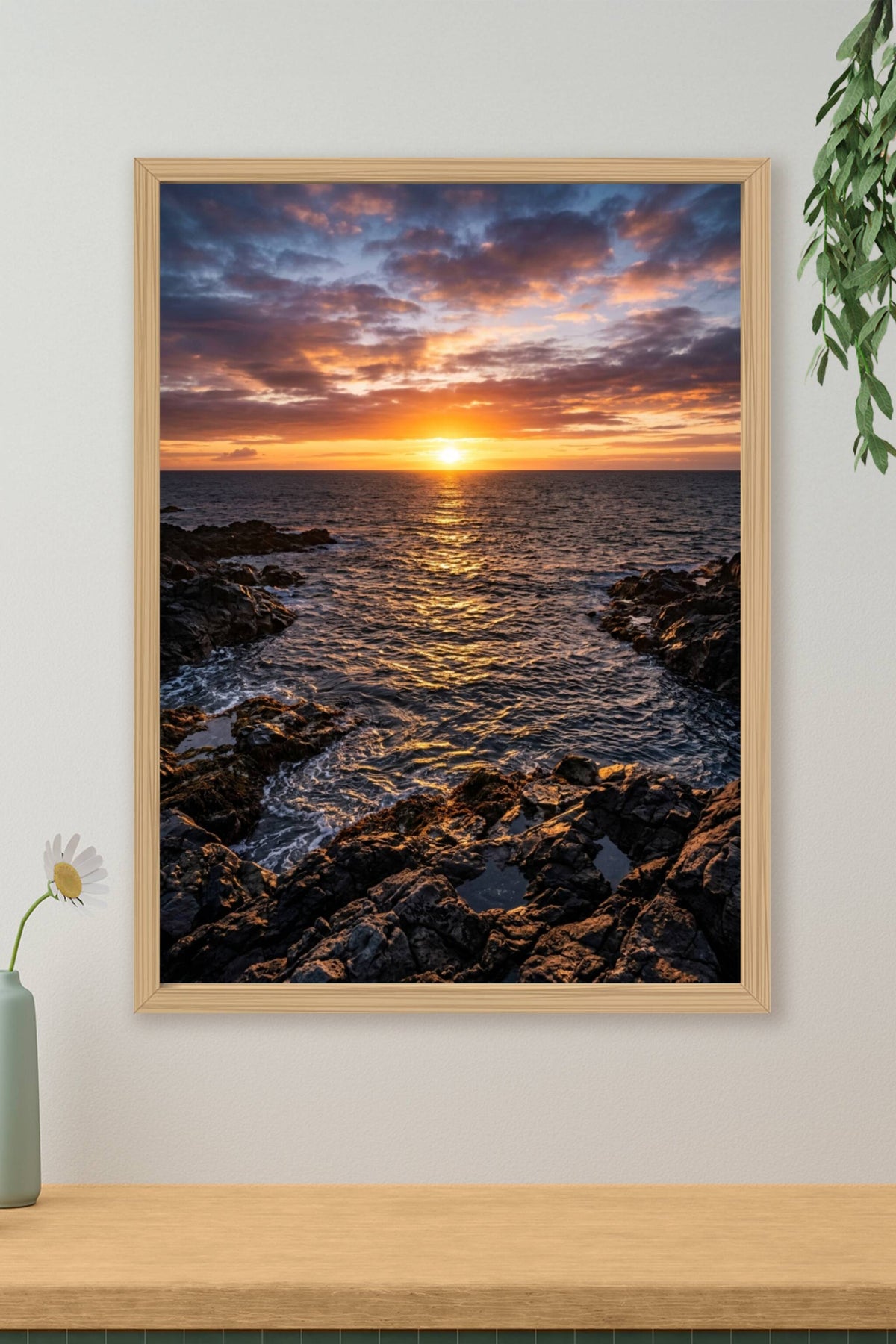 Affiche de coucher de soleil, poster mer et rochers