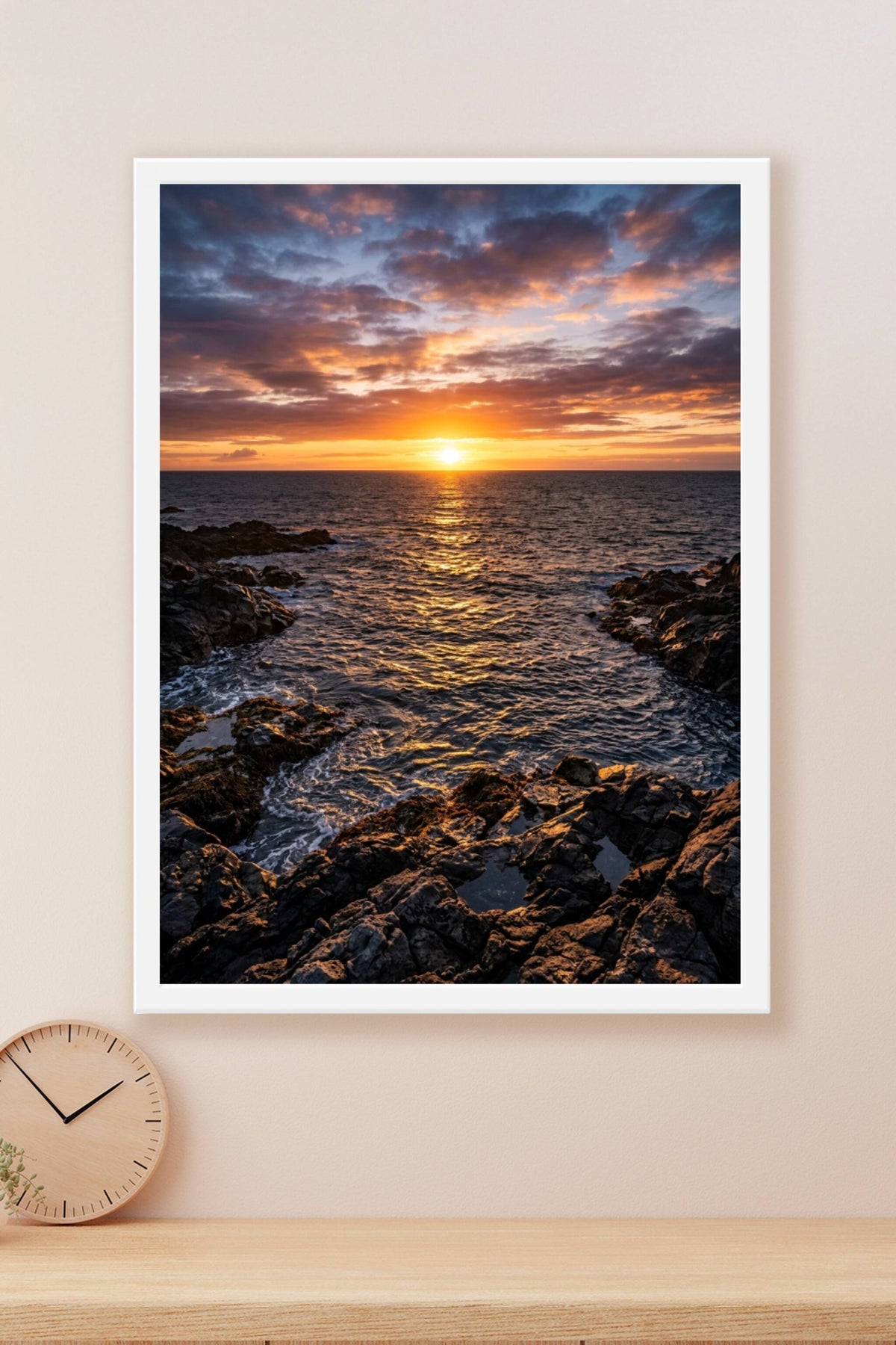 Affiche de coucher de soleil, poster mer et rochers