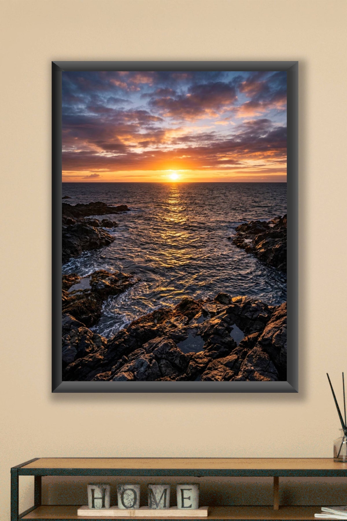 Affiche de coucher de soleil, poster mer et rochers