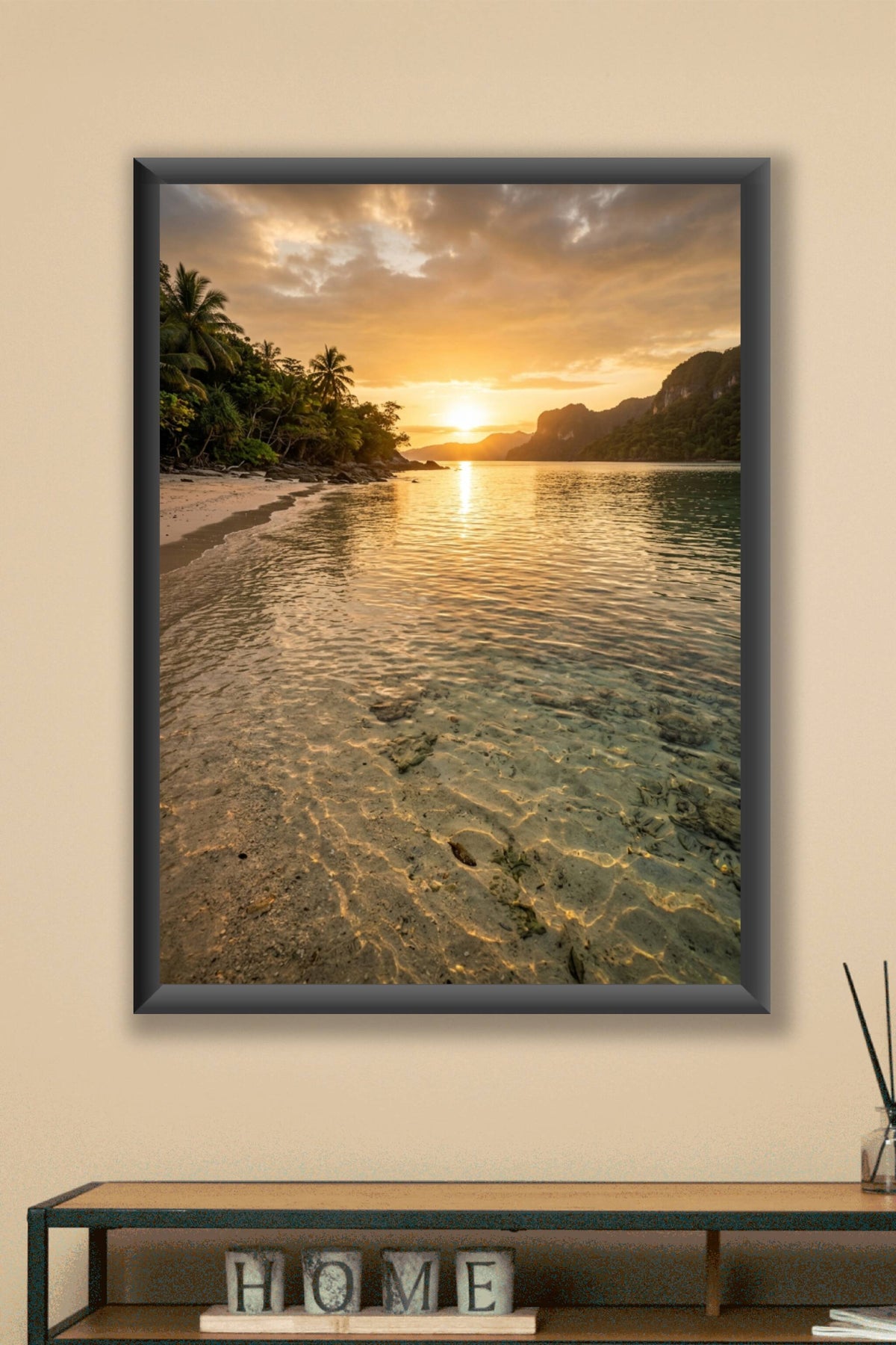 Affiche de plage tropicale, poster coucher de soleil
