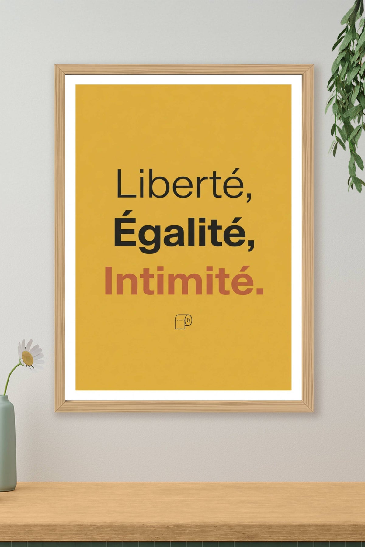 Affiche Liberté Égalité Intimité, poster humour jaune