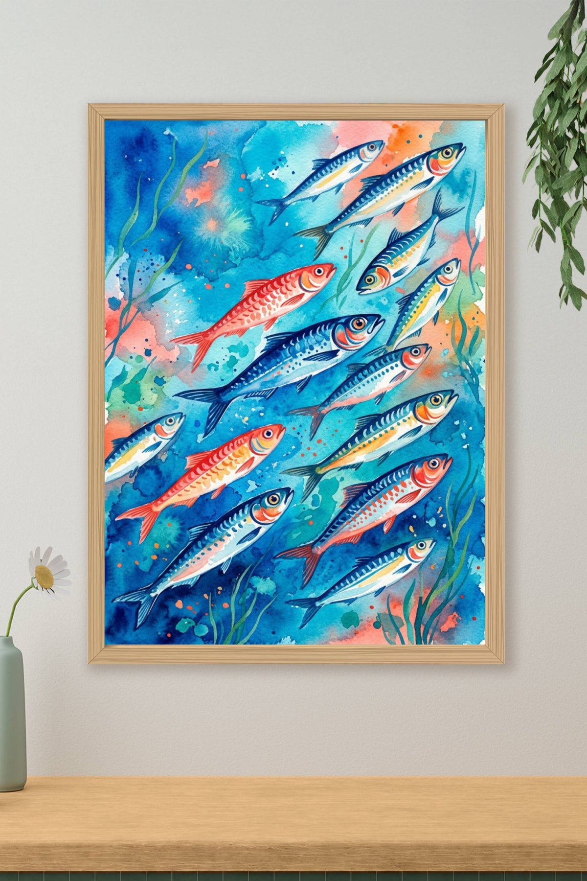 Affiche de sardines, poster poissons aquarelle
