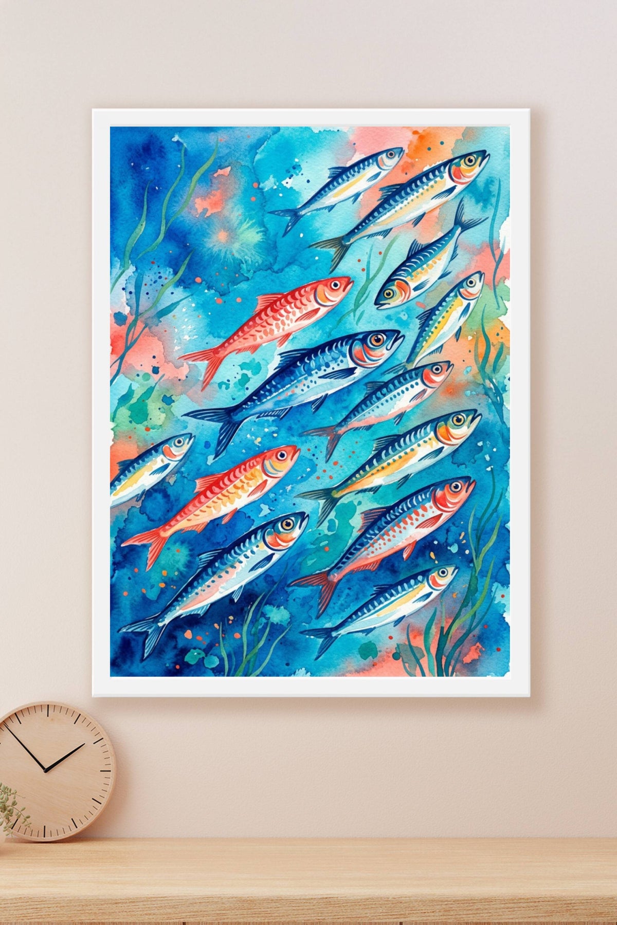 Affiche de sardines, poster poissons aquarelle