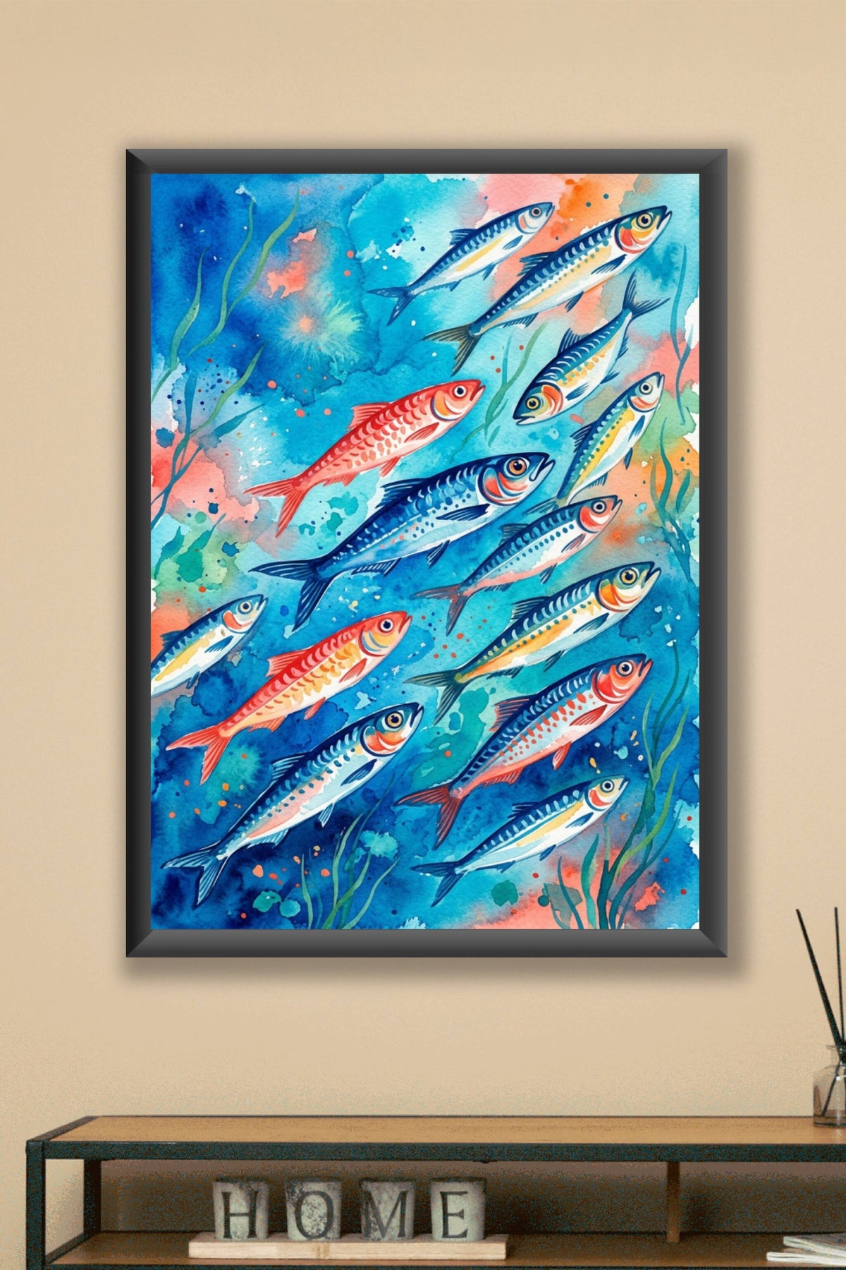 Affiche de sardines, poster poissons aquarelle