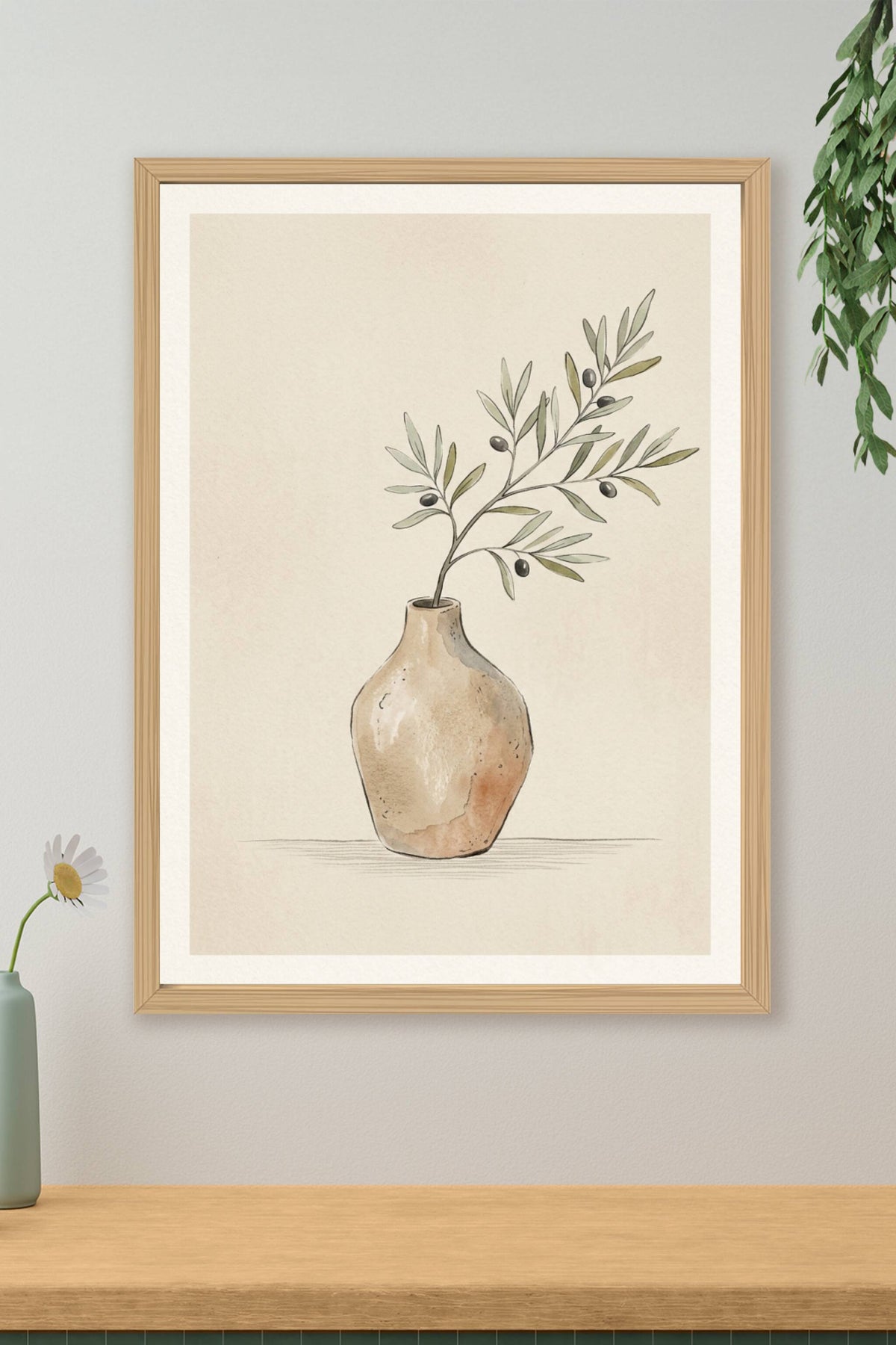 Affiche de branche d'olivier, poster vase en terre cuite