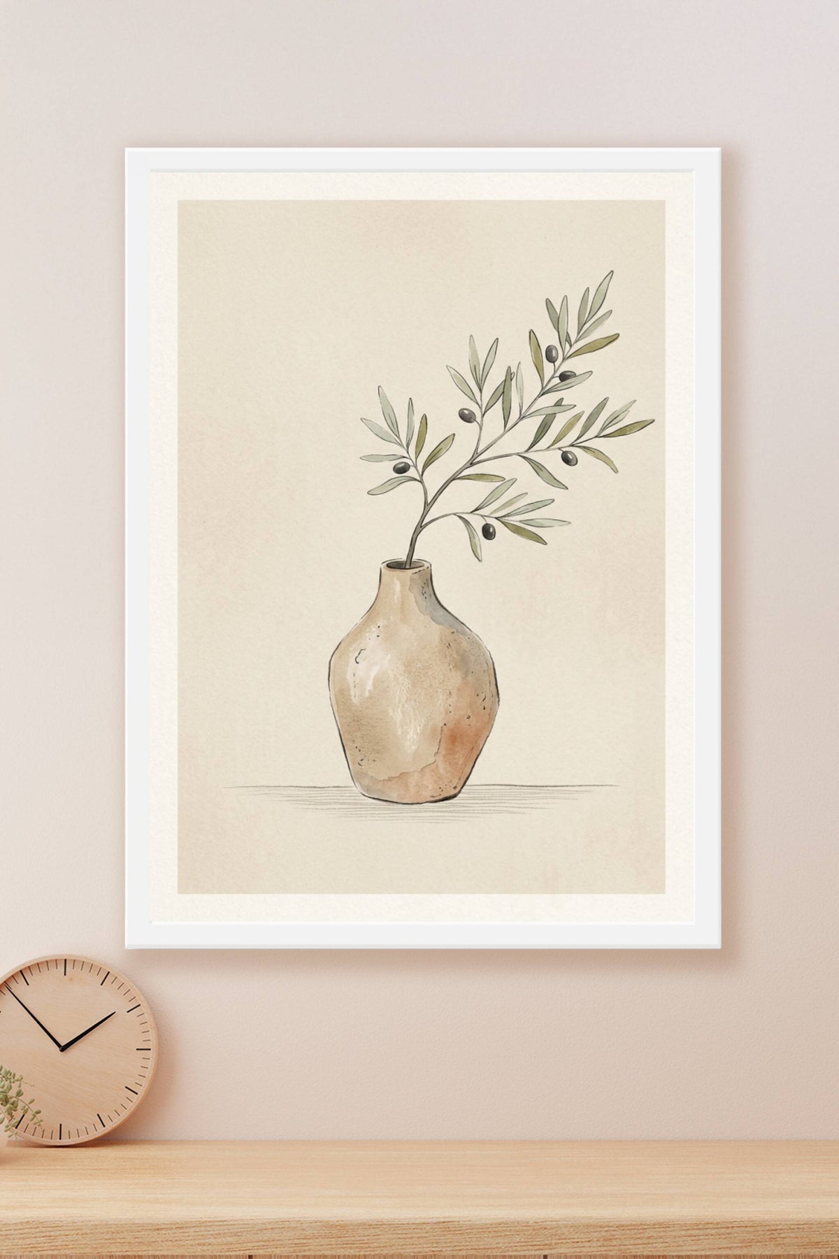 Affiche de branche d'olivier, poster vase en terre cuite