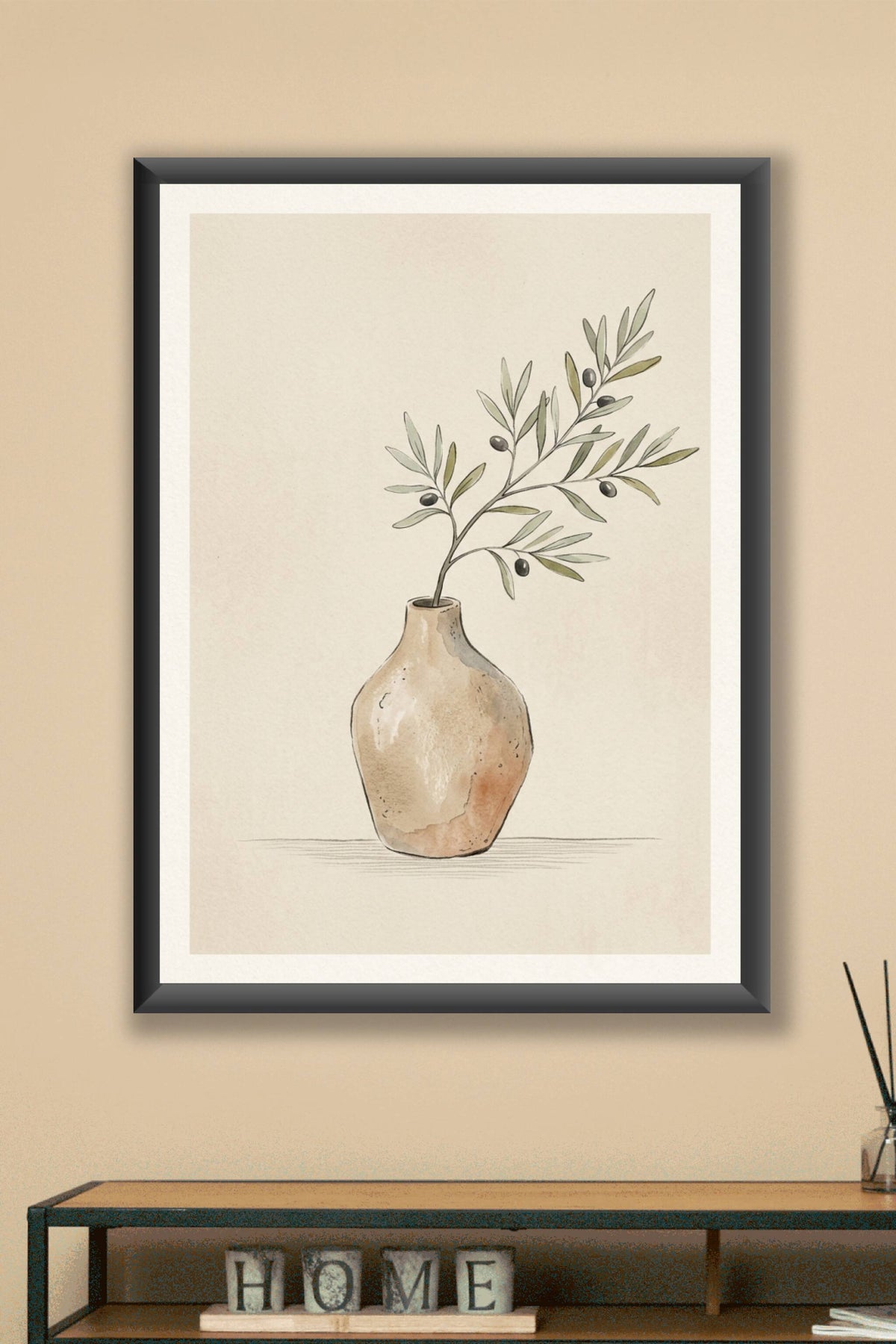 Affiche de branche d'olivier, poster vase en terre cuite