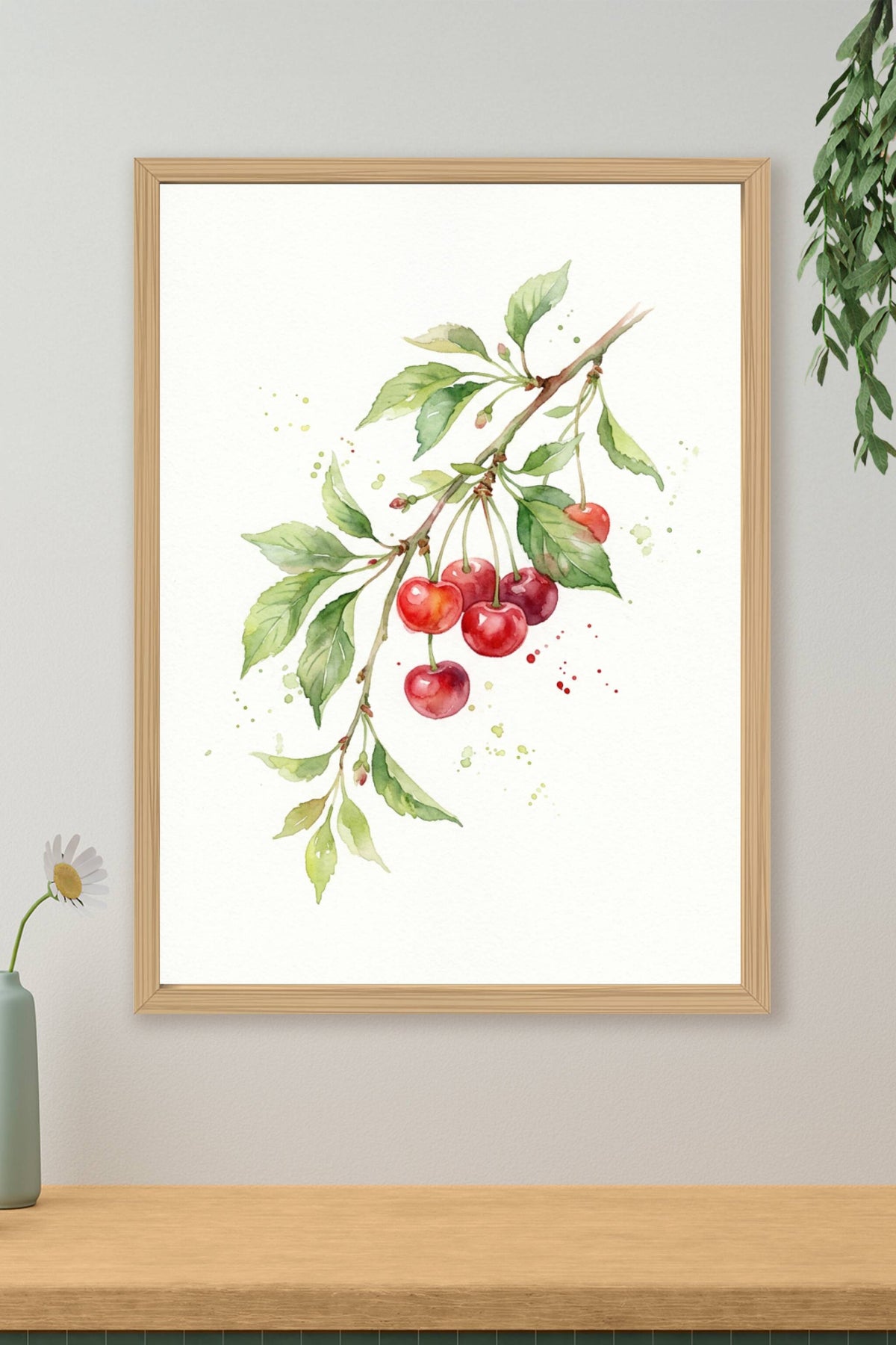 Affiche de cerises, poster branche aquarelle