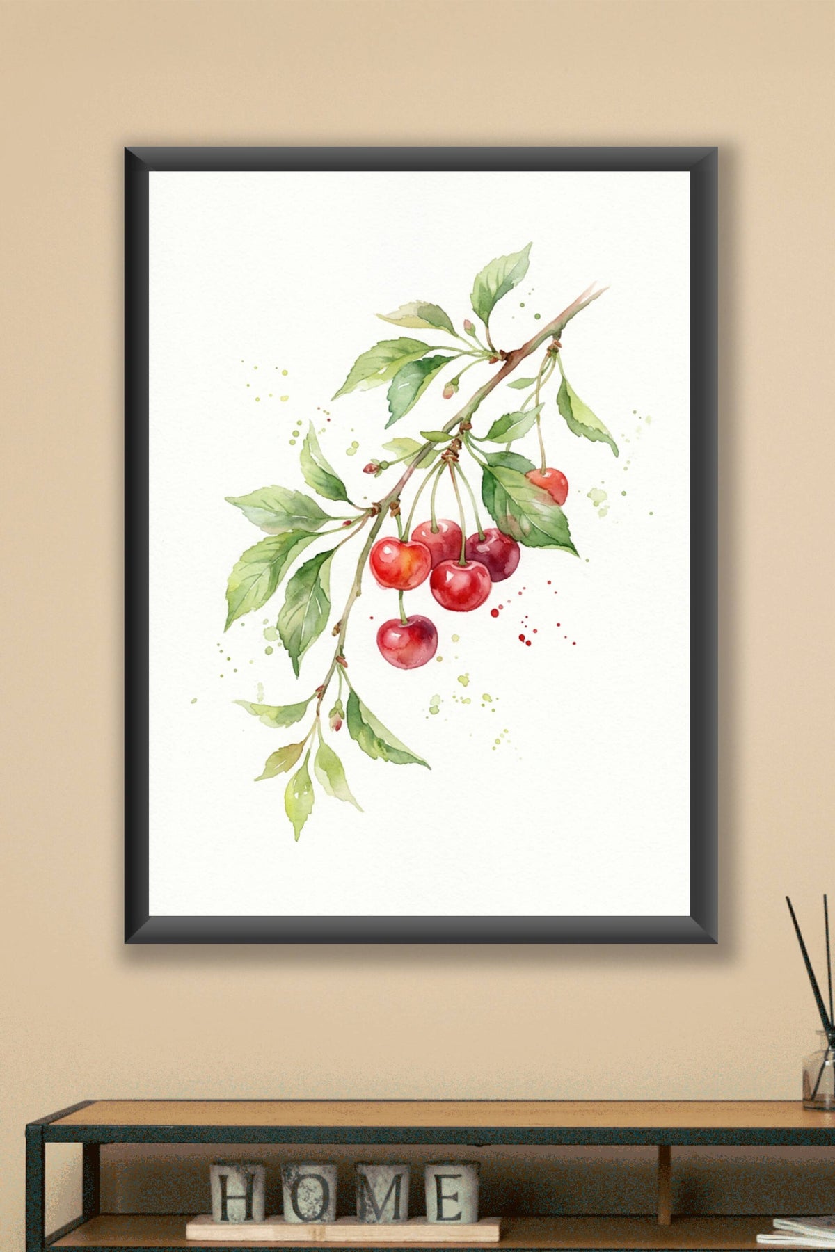 Affiche de cerises, poster branche aquarelle