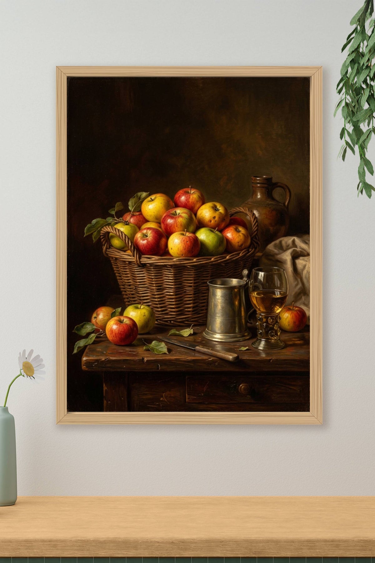 Affiche de pommes, poster panier en osier