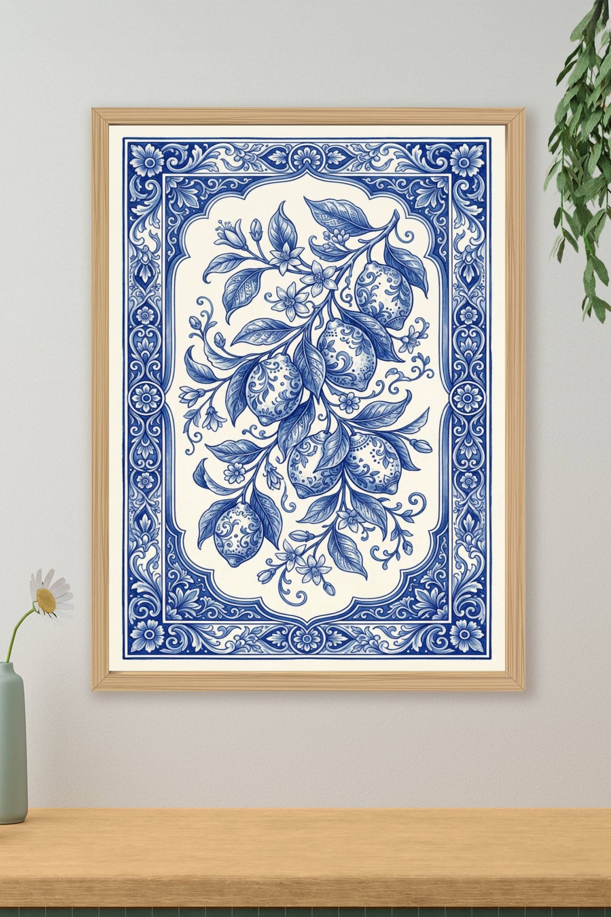 Affiche de citrons, poster azulejos bleu