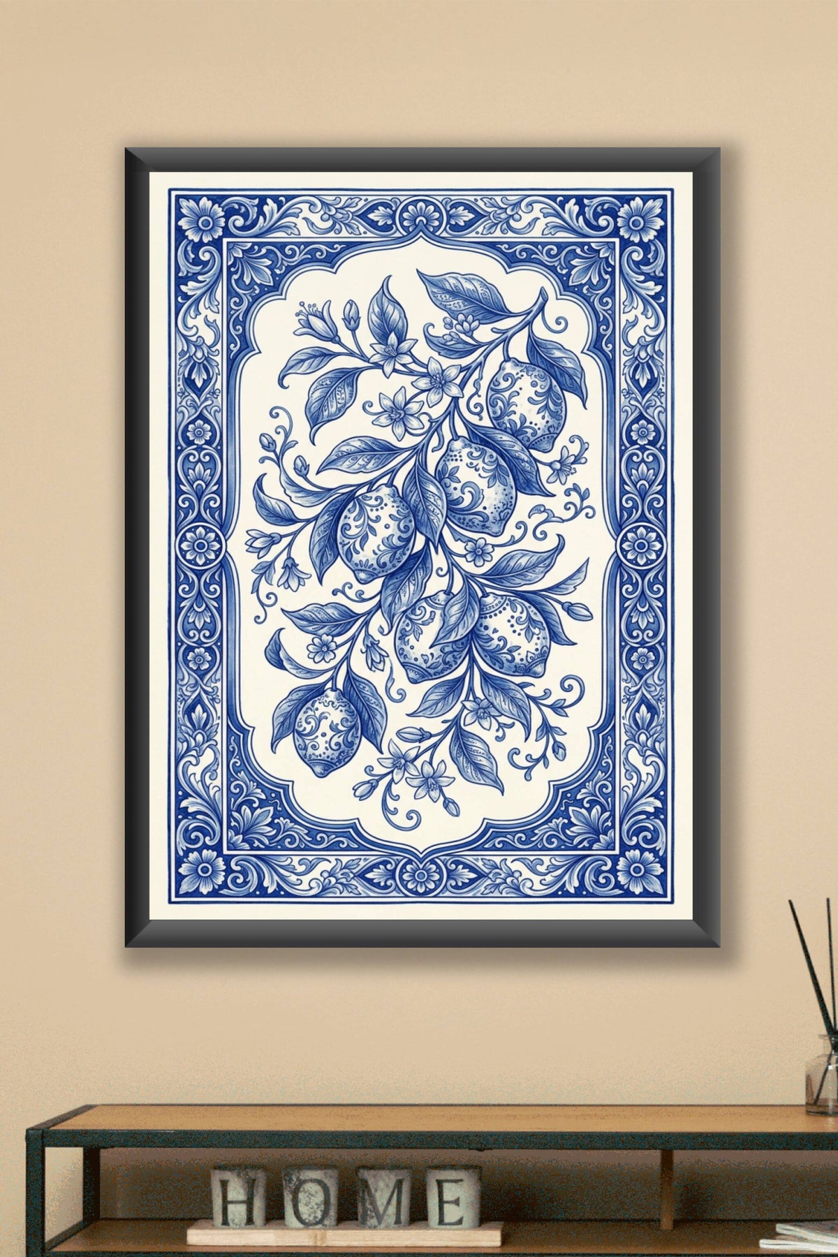 Affiche de citrons, poster azulejos bleu
