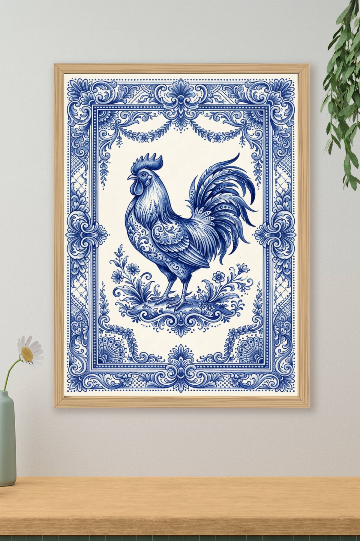 Affiche du Coq, poster azulejos bleu et blanc