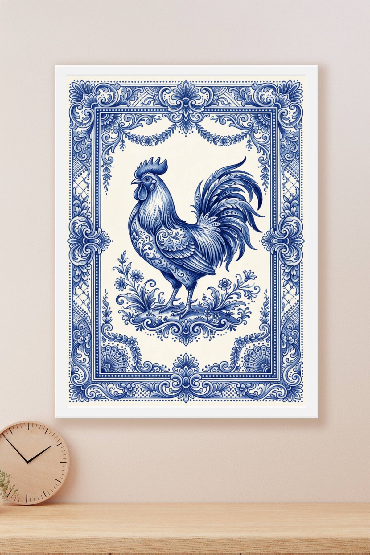Affiche du Coq, poster azulejos bleu et blanc