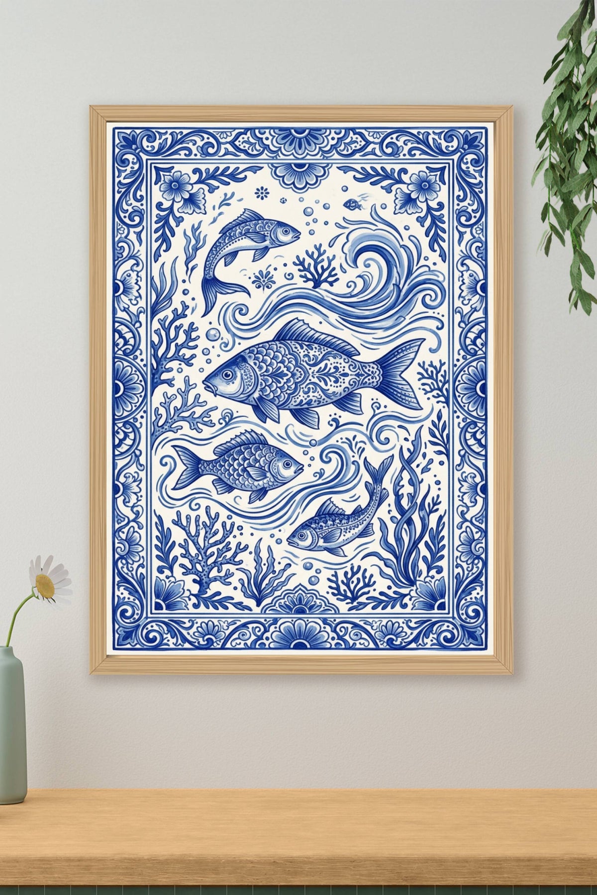 Affiche Azulejos Poissons, poster bleu et blanc