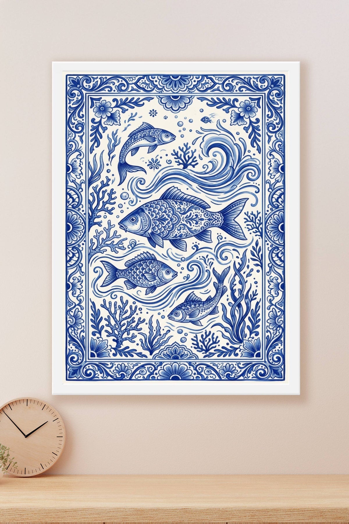 Affiche Azulejos Poissons, poster bleu et blanc