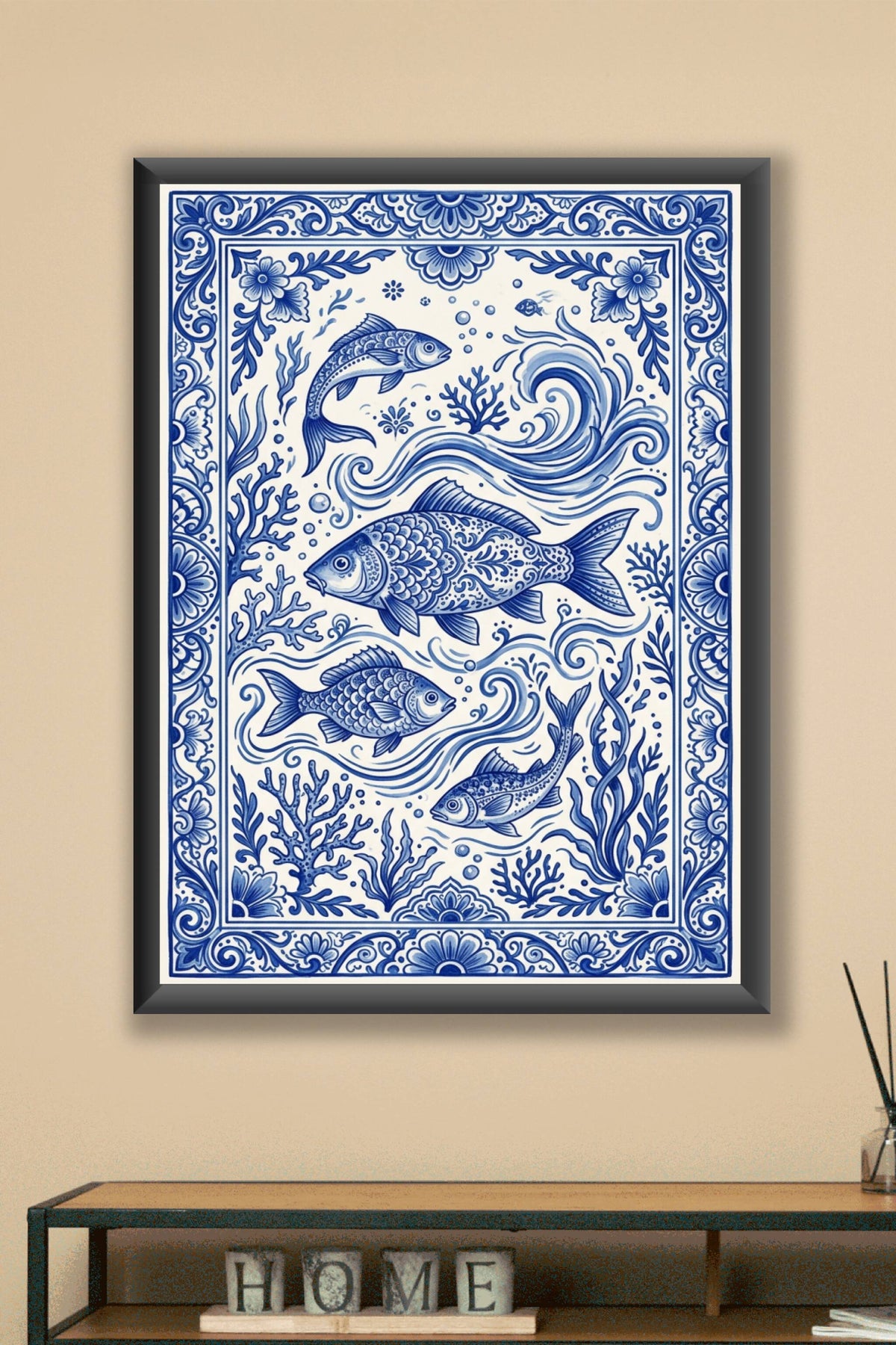 Affiche Azulejos Poissons, poster bleu et blanc